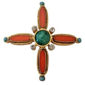 Gold Tone Orange Bezel Set, Green Mottled Cab Maltese Cross Brooch Pendant E782